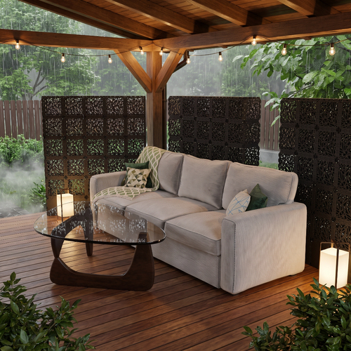 Black Cubik Divider 30 lattice screens around a patio sofa