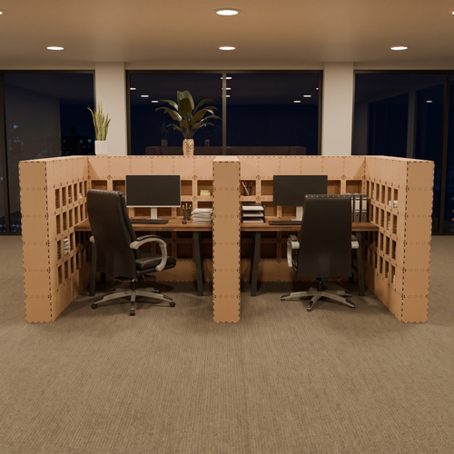 Beige Cubik W-2 double workstation at night, two desks with monitors