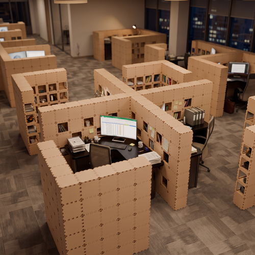 Beige Cubik X-4 workstations in an open office at night