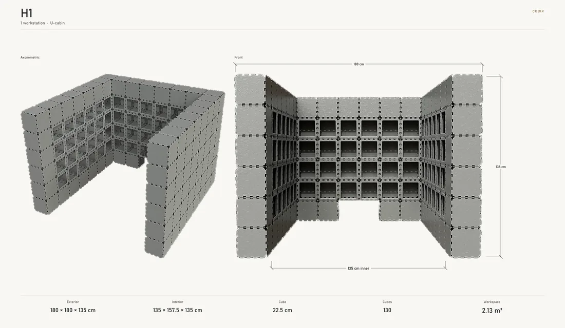 Booth size diagram: axonometric and front views, 180 cm width and 135 cm height